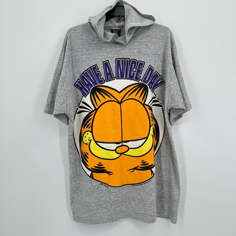 Vtg Garfield‎ Short Sleeve Hoodie Mens XL Gray Have A Nice Day Cartoon Comic
